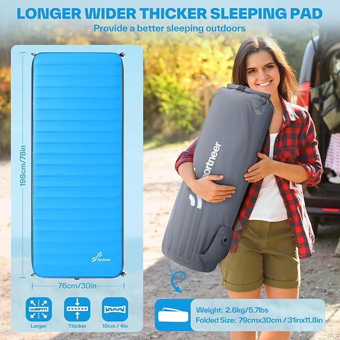 Sportneer Self Inflating Sleeping Pad, 4" Ultra-Thick Elasticity Foam Sleeping Mats for Camping, 4-Season Insulated Durable Camping Mat Air Mattress for Car Travel Tent Home