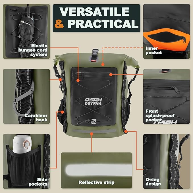 Waterproof Backpack Dry Bag 35L/55L ā Heavy Duty Roll-Top Hiking Backpack for Travel, Kayaking, Boating, Camping, Rafting and Fishing