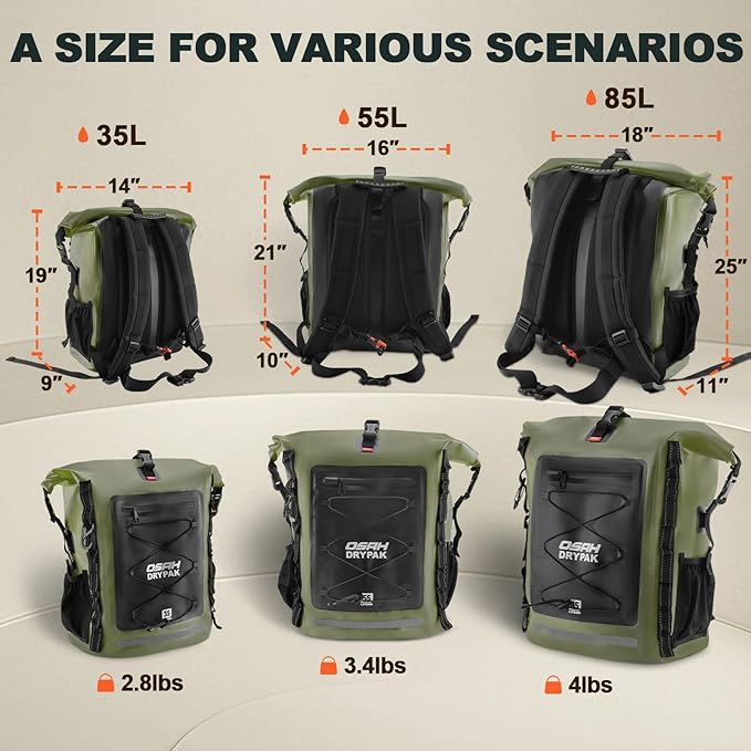 Waterproof Backpack Dry Bag 35L/55L ā Heavy Duty Roll-Top Hiking Backpack for Travel, Kayaking, Boating, Camping, Rafting and Fishing