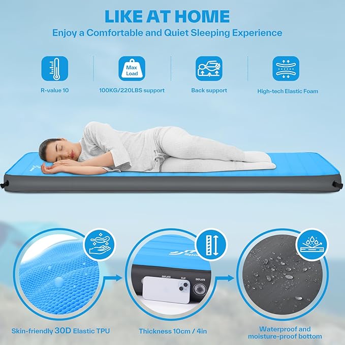 Sportneer Self Inflating Sleeping Pad, 4" Ultra-Thick Elasticity Foam Sleeping Mats for Camping, 4-Season Insulated Durable Camping Mat Air Mattress for Car Travel Tent Home