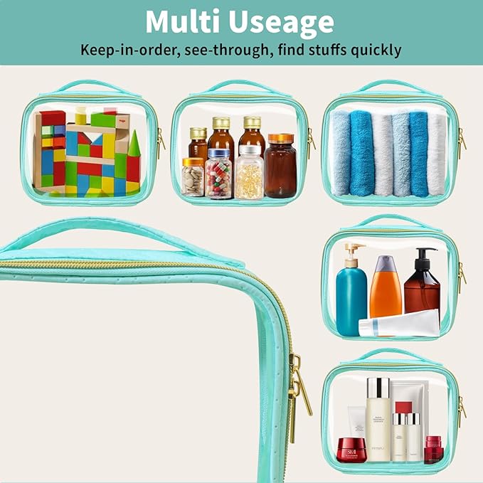 TSA Approved Travel Toiletry Bag,2 Pack Clear Makeup Bags with Handles,Quart Size Clear Cosmetic Bags for Traveling Women,Men,Carry on Airport Airline Compliant Bag,Green