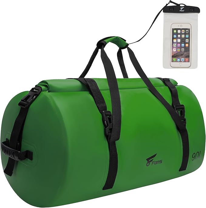 8 Fans Extra Large Waterproof Duffle Bag,Heavy Duty Travel Dry Bag with Durable Straps & Handles, Ideal for Kayaking,Paddleboarding,Boating,Rafting,and Fishing (Green, 90L)