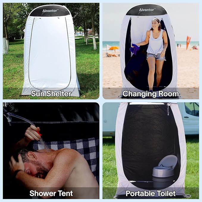 Alvantor Shower Tent Pop Up Changing Room Outdoor Shower Enclosure Pop Up Privacy Tent Toilet Tent Camping Dressing Portable Shelter Teflon Coating Fabric 4āx4āx7' Patent Pending, White