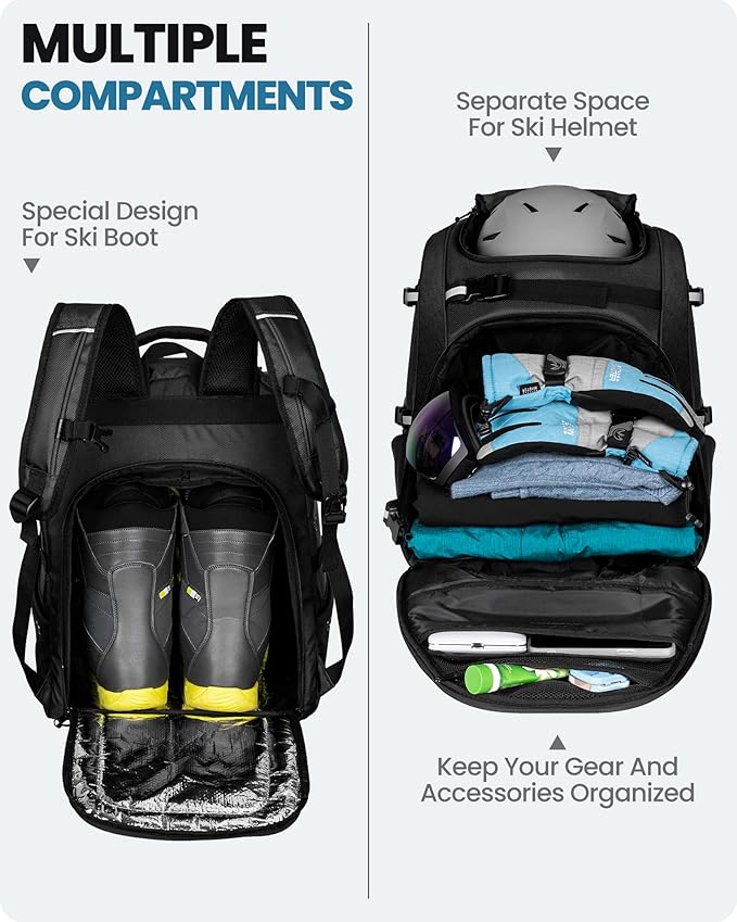 OutdoorMaster Ski Boot Bag, 50L Waterproof Snowboard Bag for Air Travel, Travel Boot Backpack for Ski Helmet, Goggles-Black