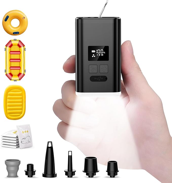 OMQ Portable Air Pump for Inflatables,Electric Air Mattress Pump with Camping Lantern & LED Display, Mini Air Pump 2X Quick Inflate Deflate for Pool Floats, Vacuum Storage Bags
