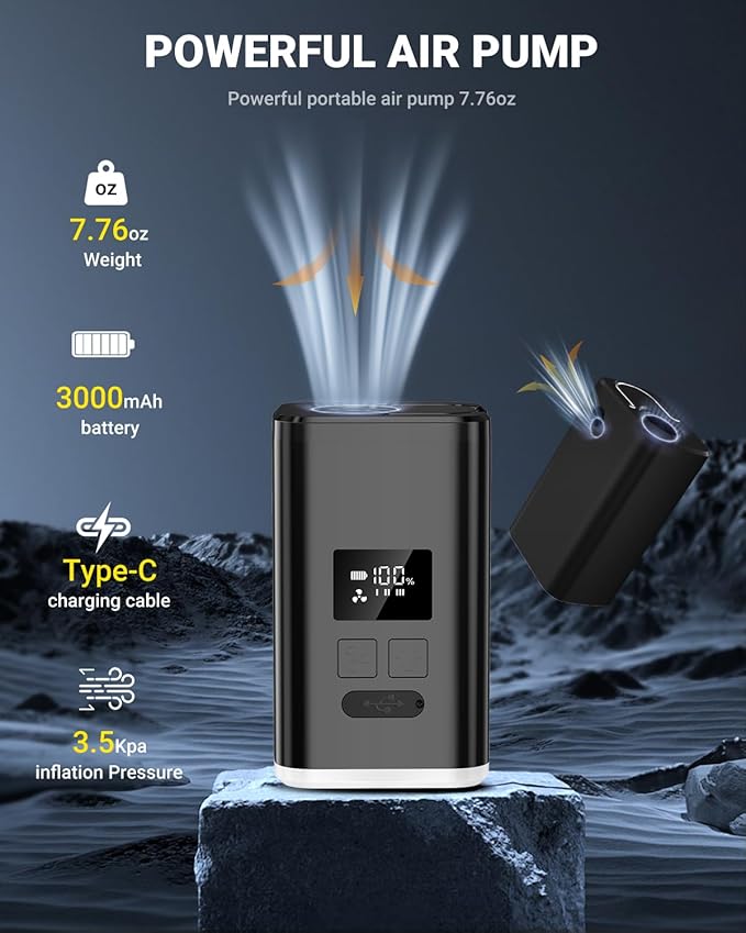 OMQ Portable Air Pump for Inflatables,Electric Air Mattress Pump with Camping Lantern & LED Display, Mini Air Pump 2X Quick Inflate Deflate for Pool Floats, Vacuum Storage Bags