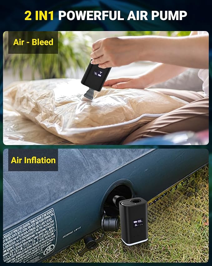 OMQ Portable Air Pump for Inflatables,Electric Air Mattress Pump with Camping Lantern & LED Display, Mini Air Pump 2X Quick Inflate Deflate for Pool Floats, Vacuum Storage Bags