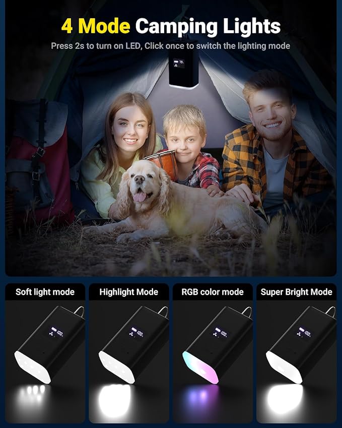 OMQ Portable Air Pump for Inflatables,Electric Air Mattress Pump with Camping Lantern & LED Display, Mini Air Pump 2X Quick Inflate Deflate for Pool Floats, Vacuum Storage Bags
