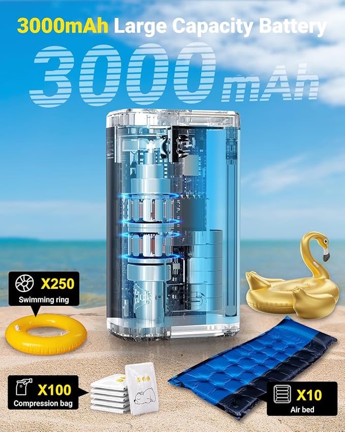 OMQ Portable Air Pump for Inflatables,Electric Air Mattress Pump with Camping Lantern & LED Display, Mini Air Pump 2X Quick Inflate Deflate for Pool Floats, Vacuum Storage Bags