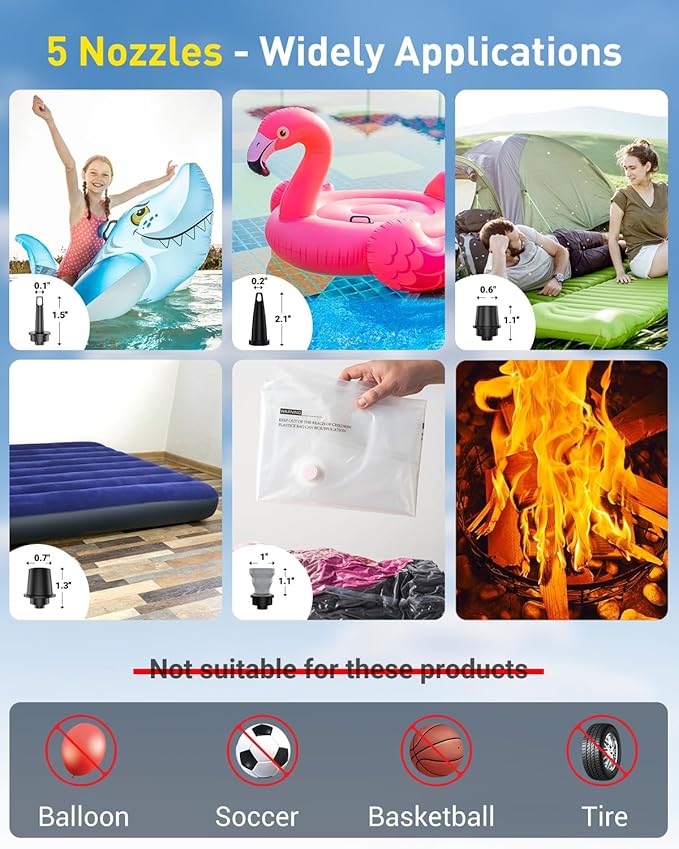 OMQ Portable Air Pump for Inflatables,Electric Air Mattress Pump with Camping Lantern & LED Display, Mini Air Pump 2X Quick Inflate Deflate for Pool Floats, Vacuum Storage Bags