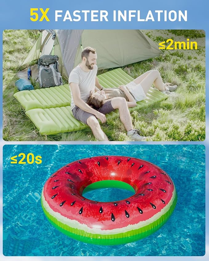 OMQ Portable Air Pump for Inflatables,Electric Air Mattress Pump with Camping Lantern & LED Display, Mini Air Pump 2X Quick Inflate Deflate for Pool Floats, Vacuum Storage Bags
